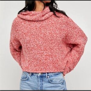 Free People Fuzzy Cowl Neck Sweater Oversized Cozy Slouchy Knit Pink Red L